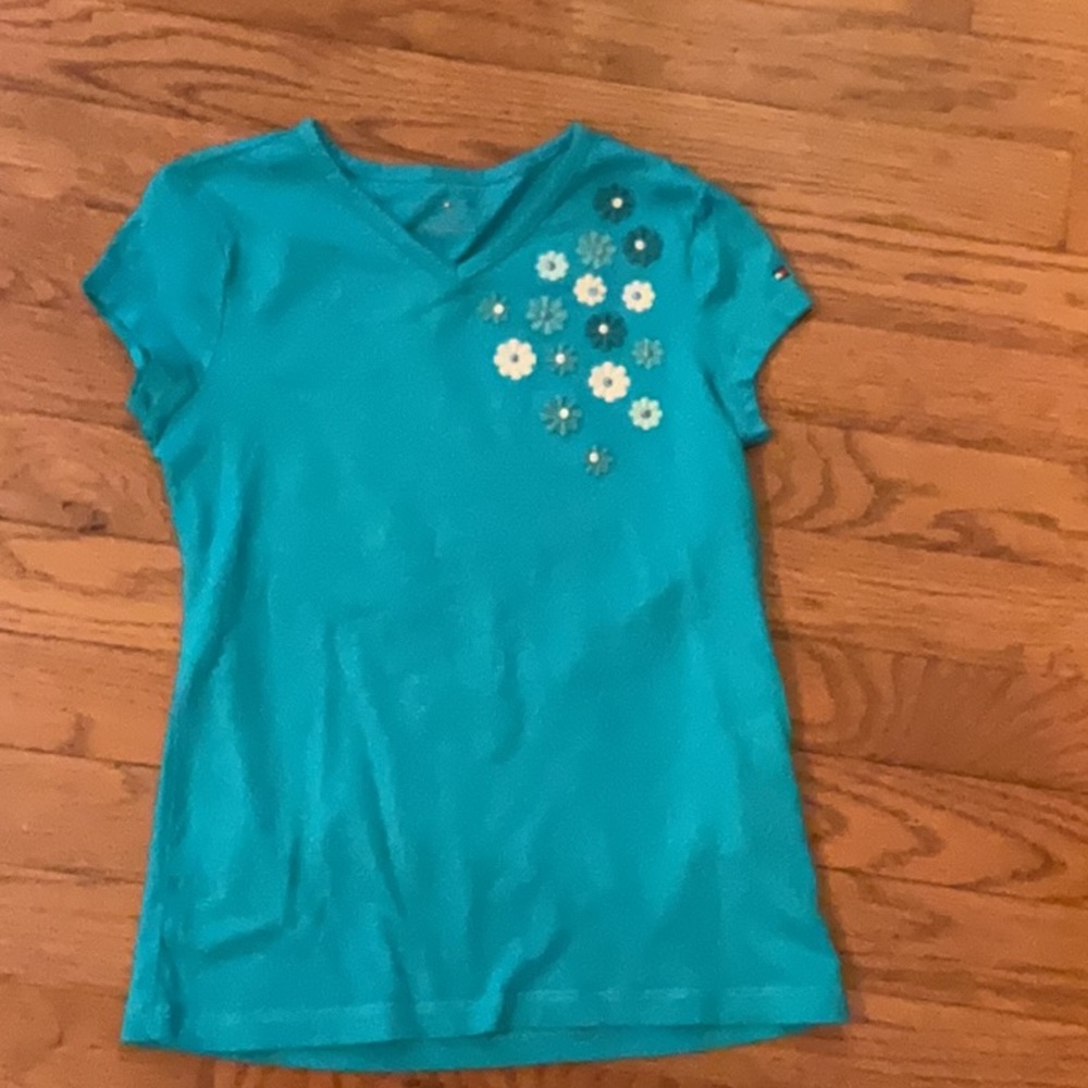 Tommy Hilfiger Teal T-Shirt with Floral Embellishments
